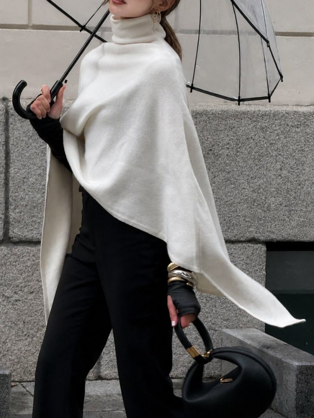 White Casual Women's Loose Fit High Neck Rib-Knit Batwing Sleeve Poncho Sweater